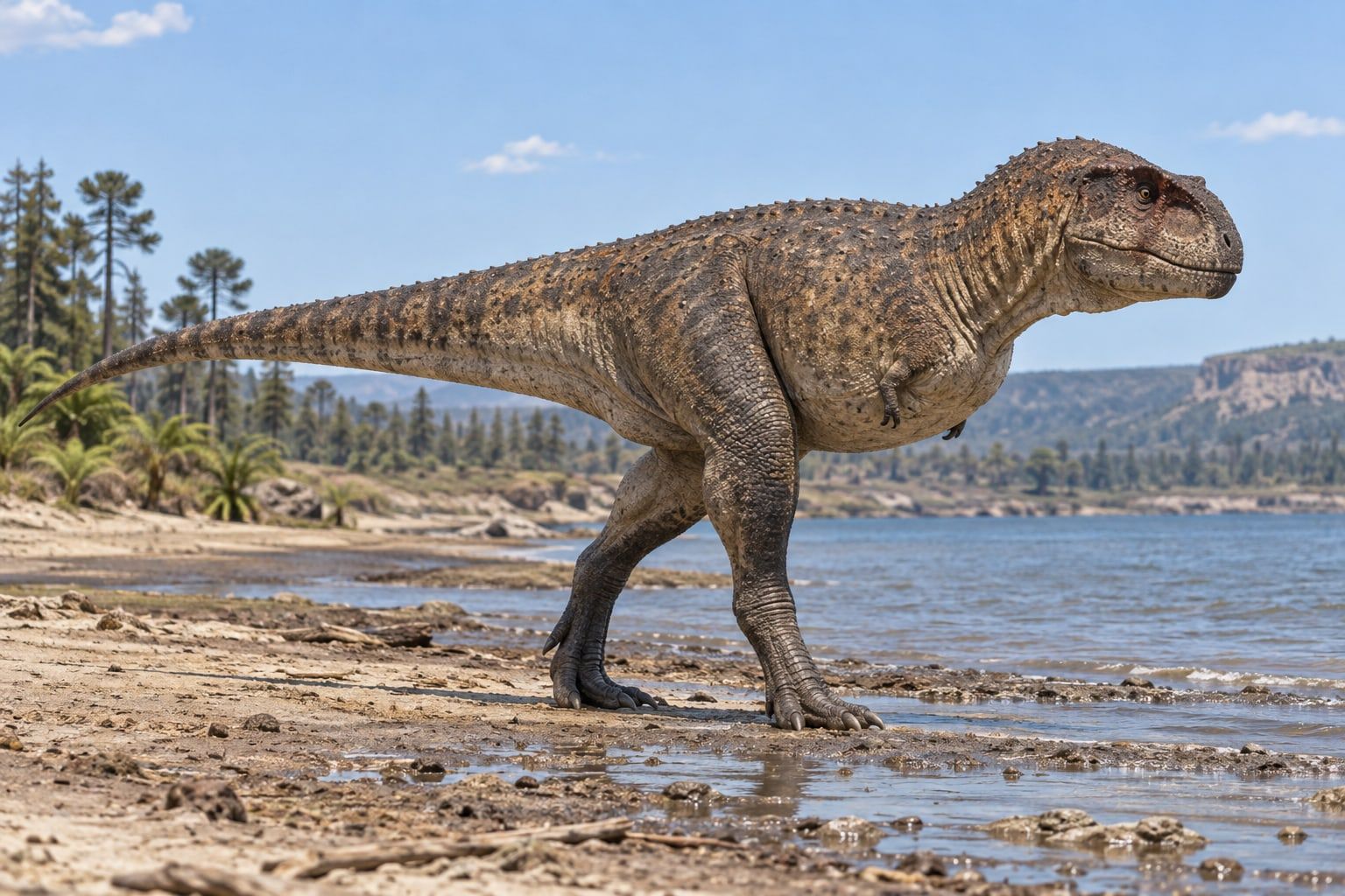 A life reconstruction of Abelisaurus in its habitat