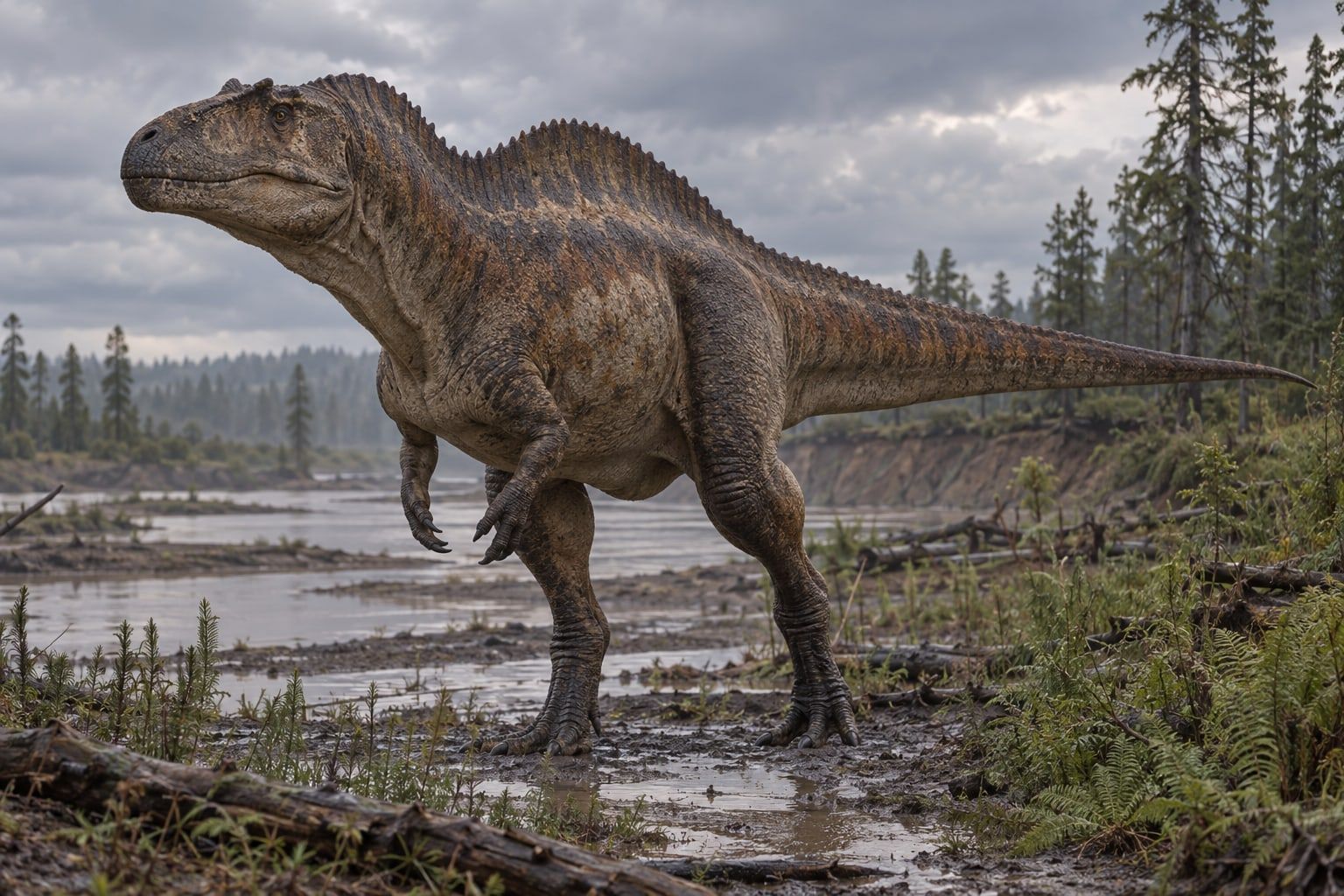 A life reconstruction of Acrocanthosaurus in its habitat