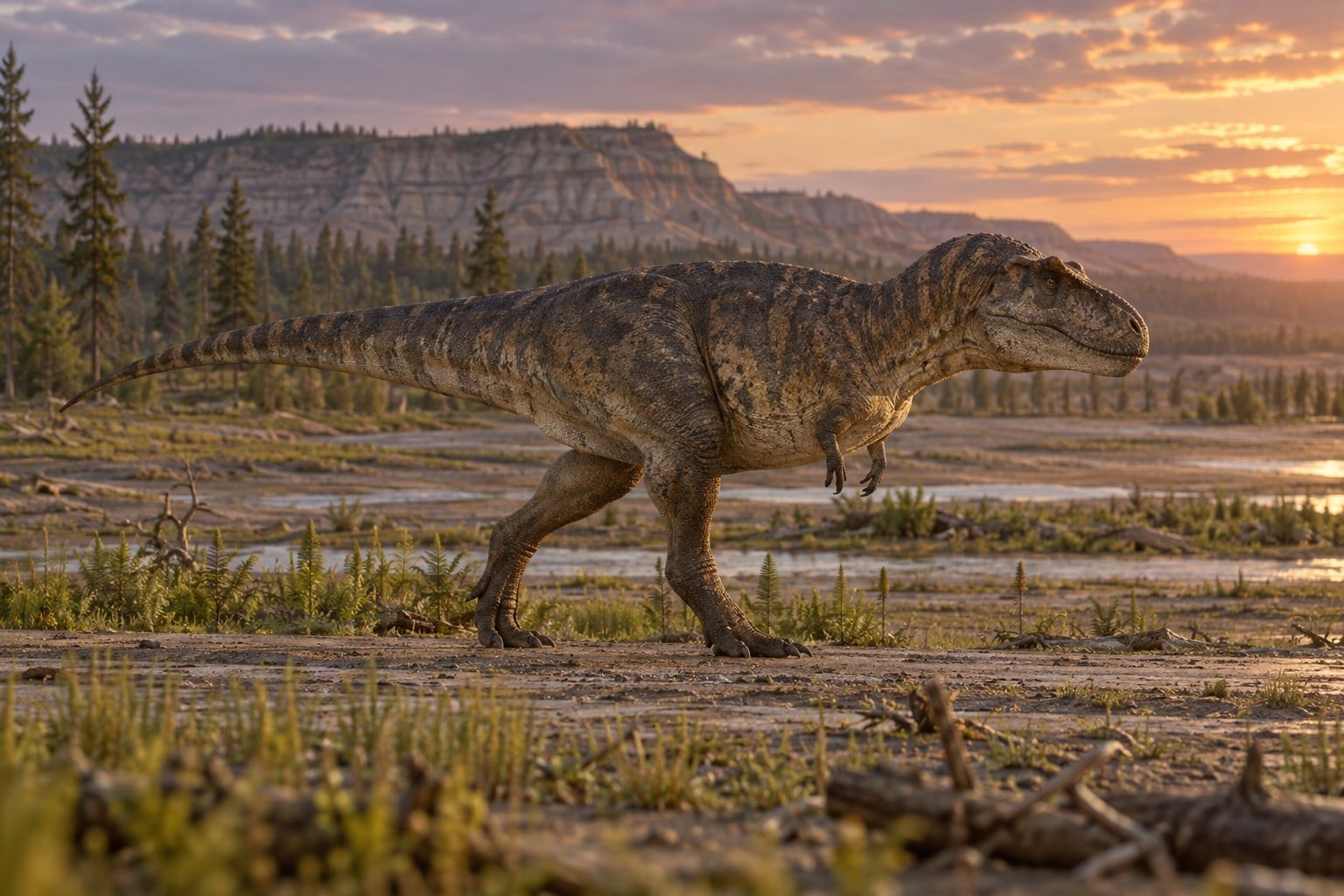 A life reconstruction of Albertosaurus in its habitat