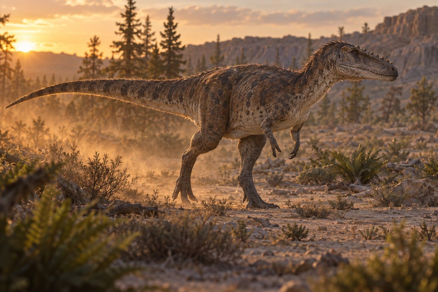 A life reconstruction of Alioramus in its habitat