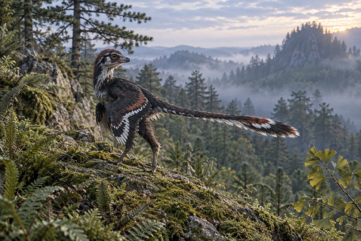 A life reconstruction of Anchiornis in its habitat