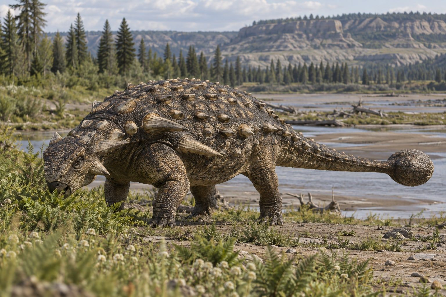 A life reconstruction of Ankylosaurus in its habitat
