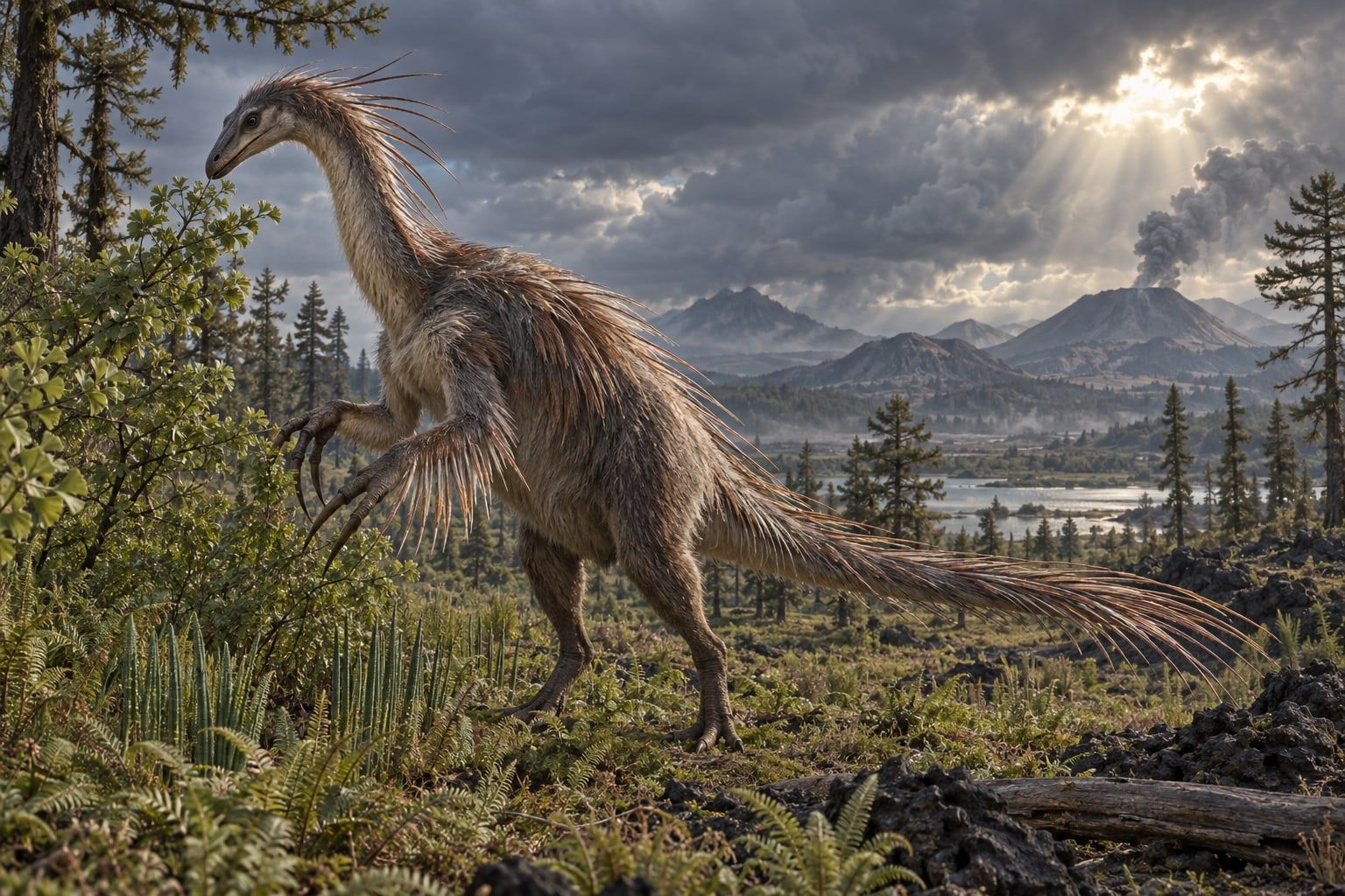 A life reconstruction of Beipiaosaurus in its habitat