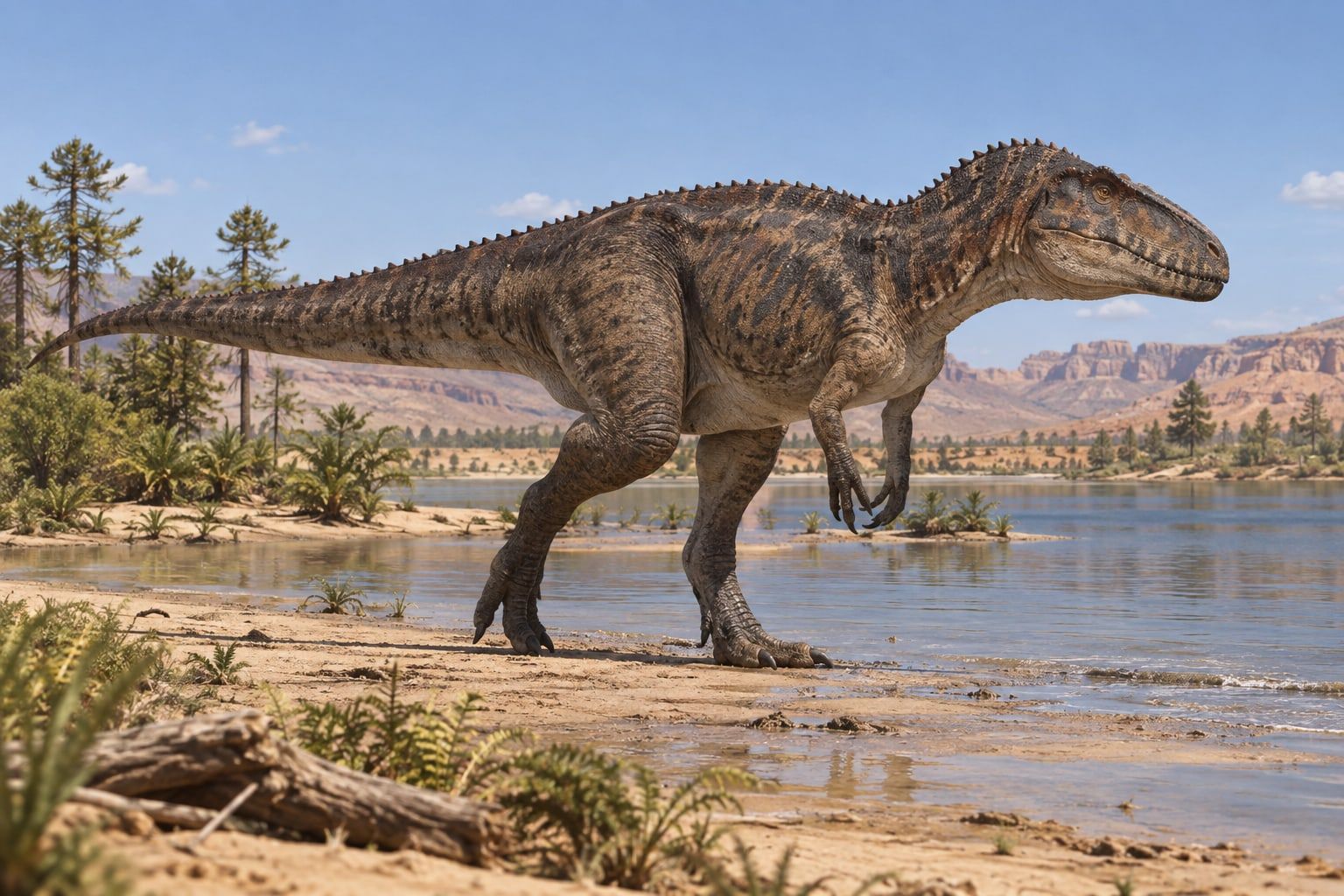A life reconstruction of Carcharodontosaurus in its habitat