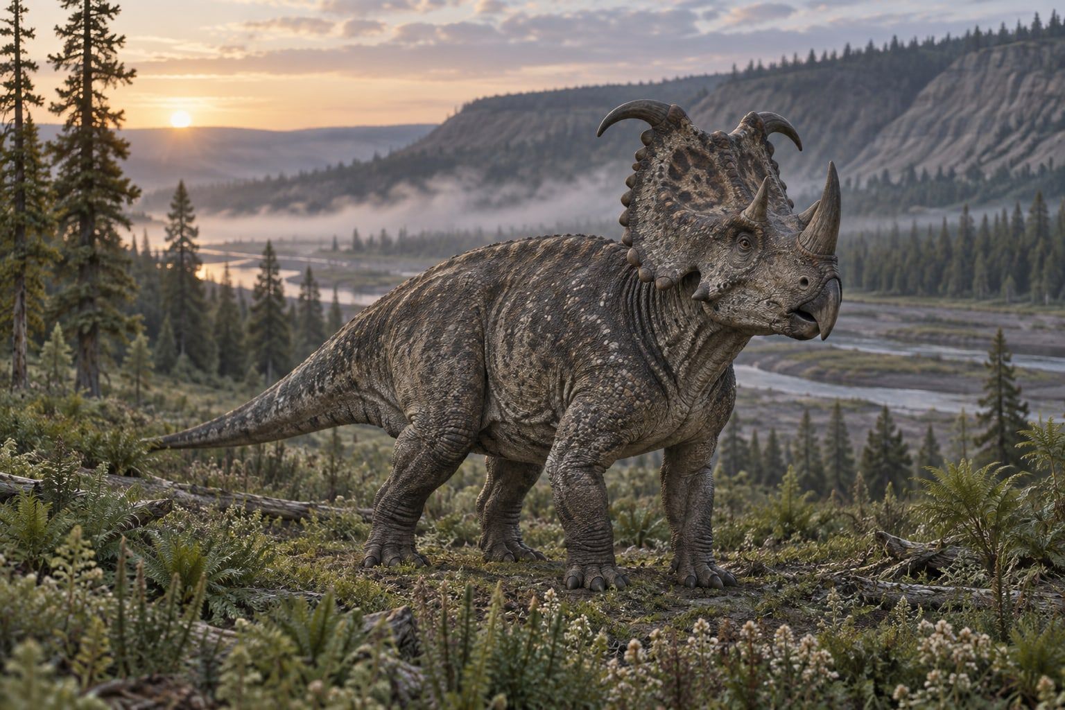 A life reconstruction of Centrosaurus in its habitat