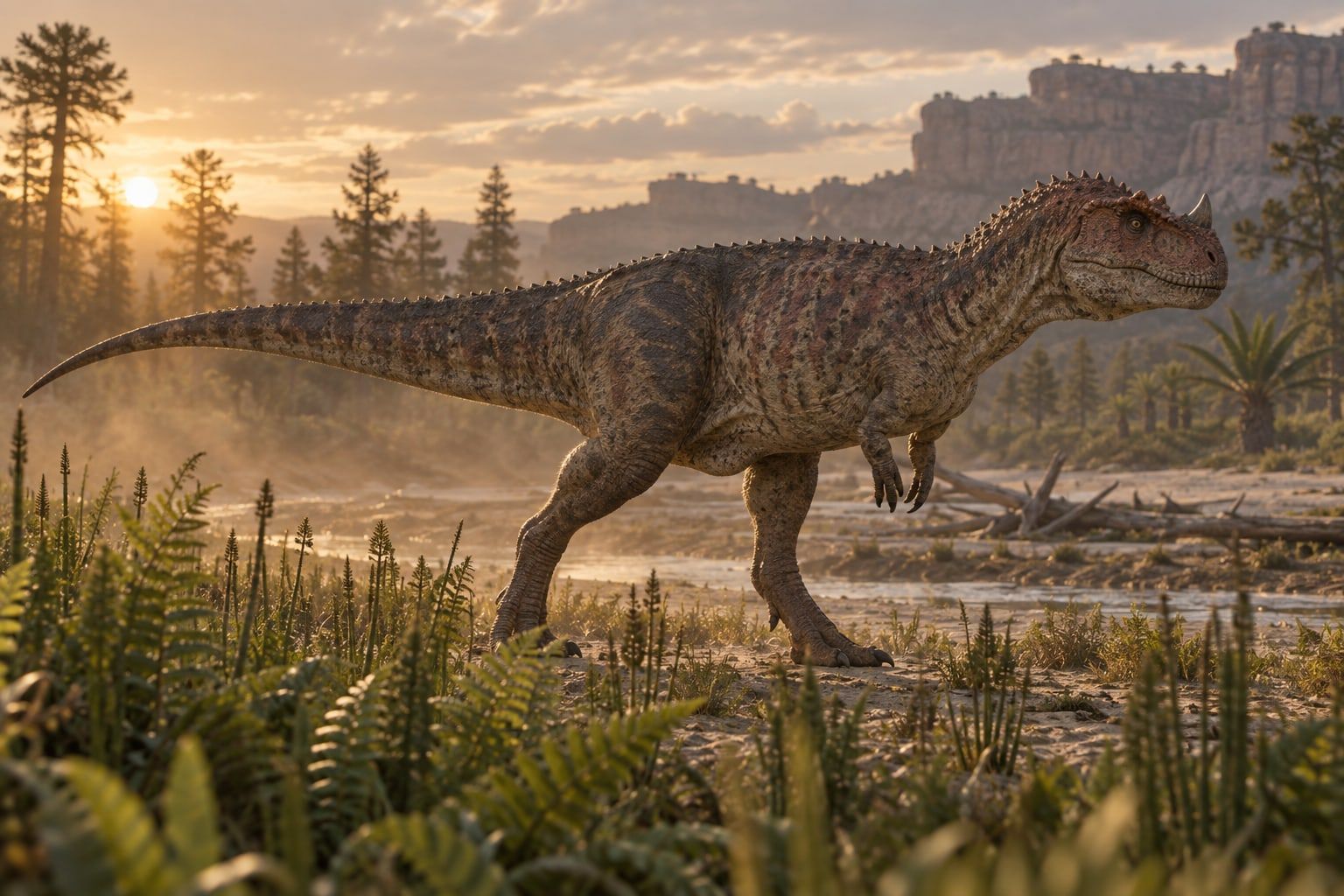 A life reconstruction of Ceratosaurus in its habitat