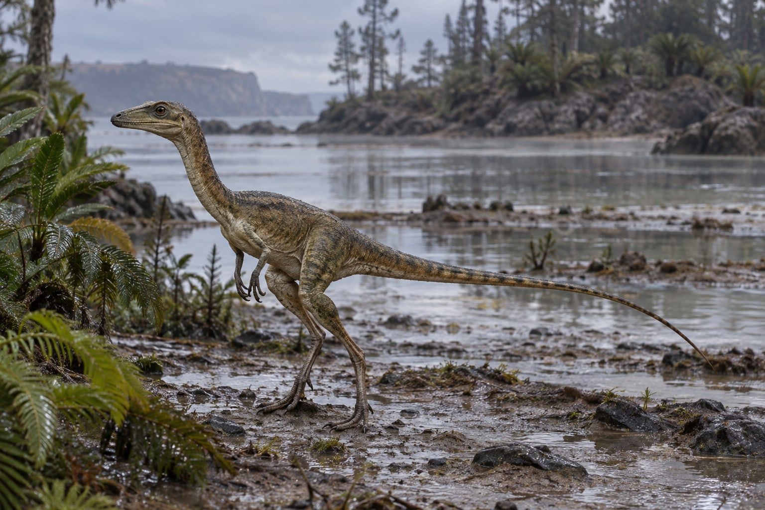 A life reconstruction of Compsognathus in its habitat