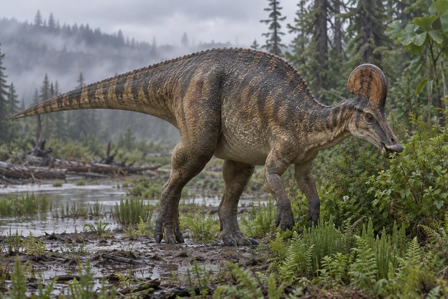 A life reconstruction of Corythosaurus in its habitat