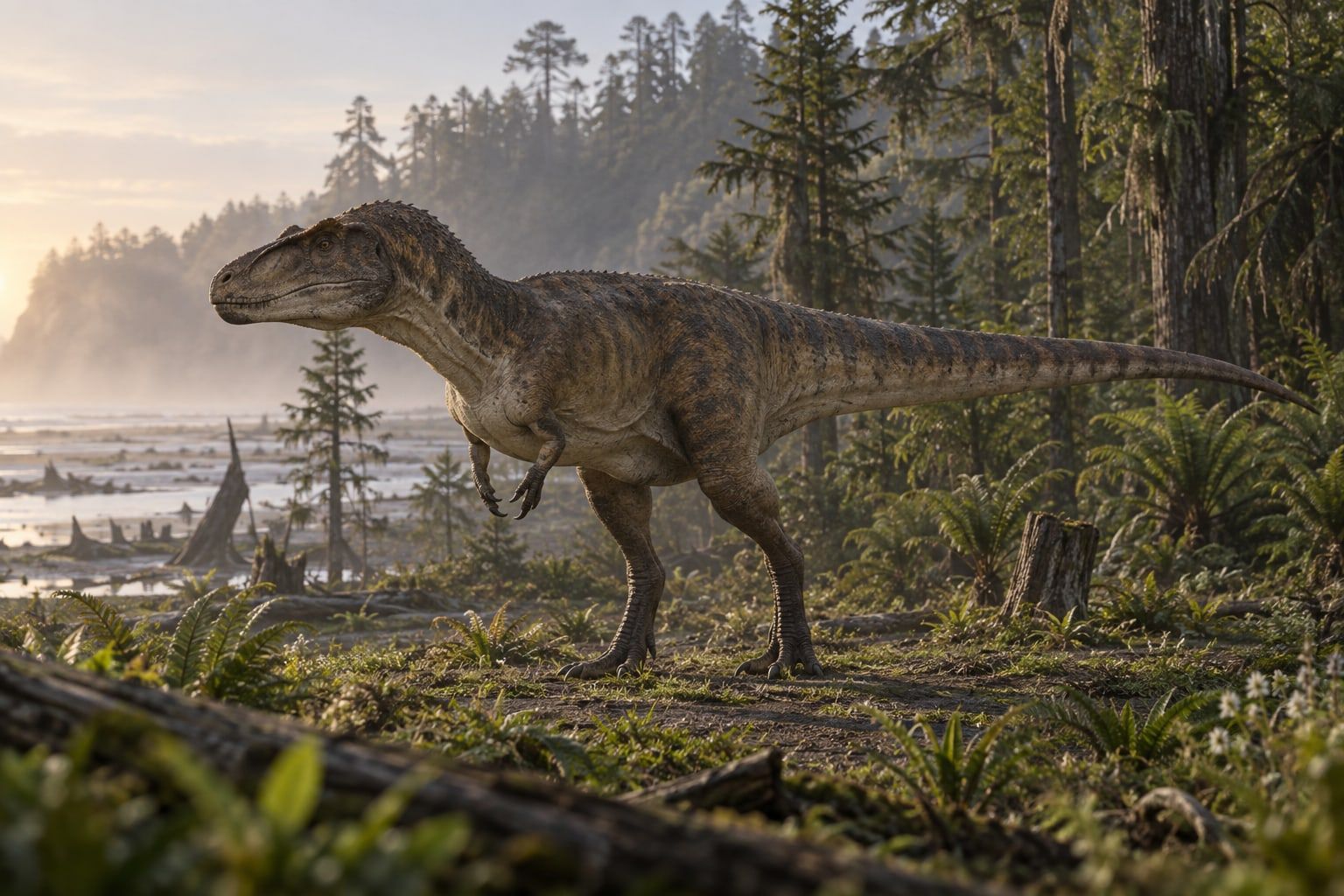 A life reconstruction of Dryptosaurus in its habitat
