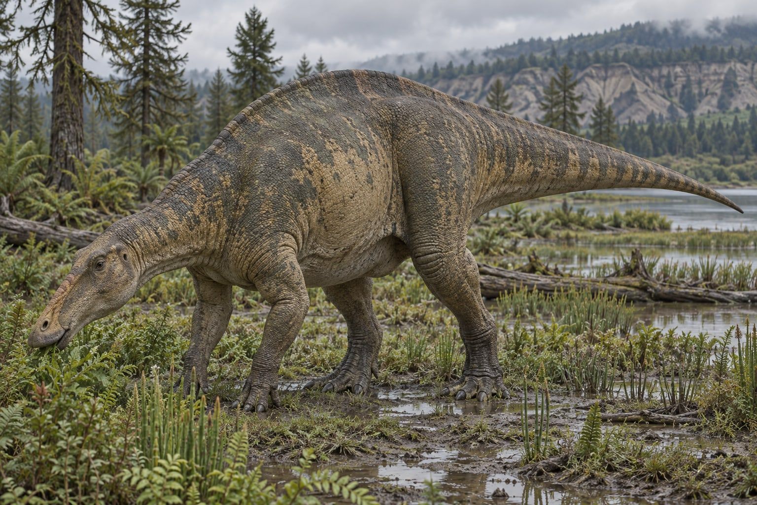 A life reconstruction of Edmontosaurus in its habitat