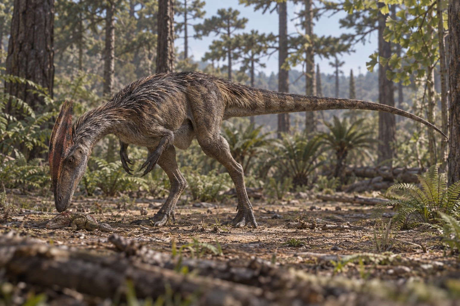 A life reconstruction of Guanlong in its habitat