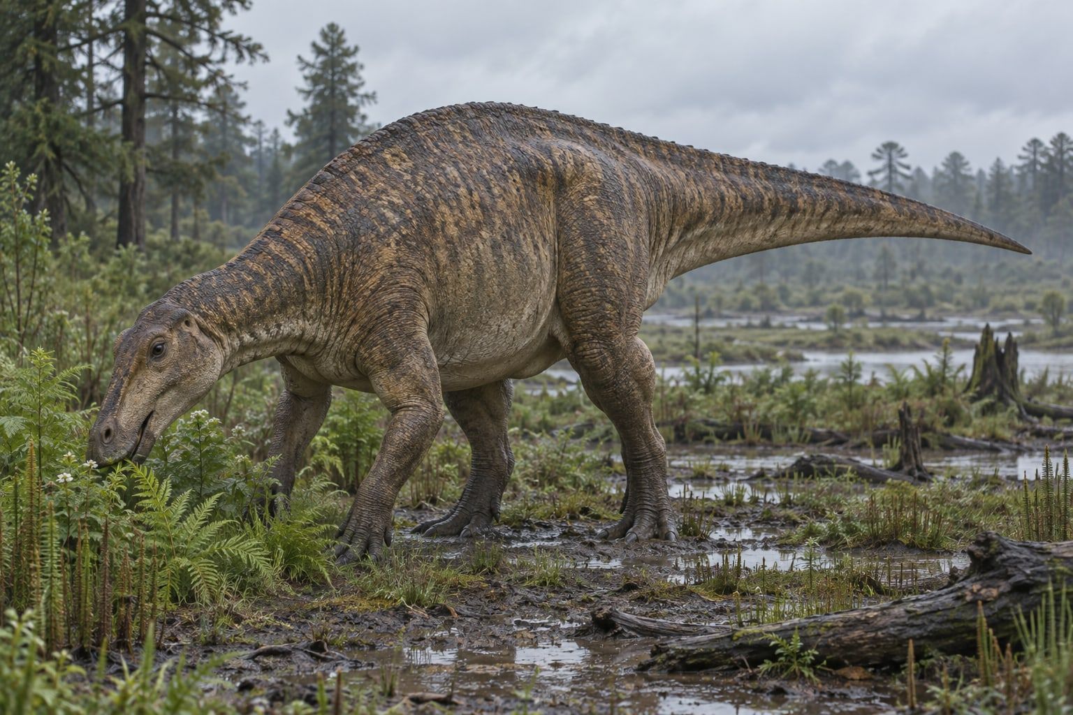 A life reconstruction of Hadrosaurus in its habitat