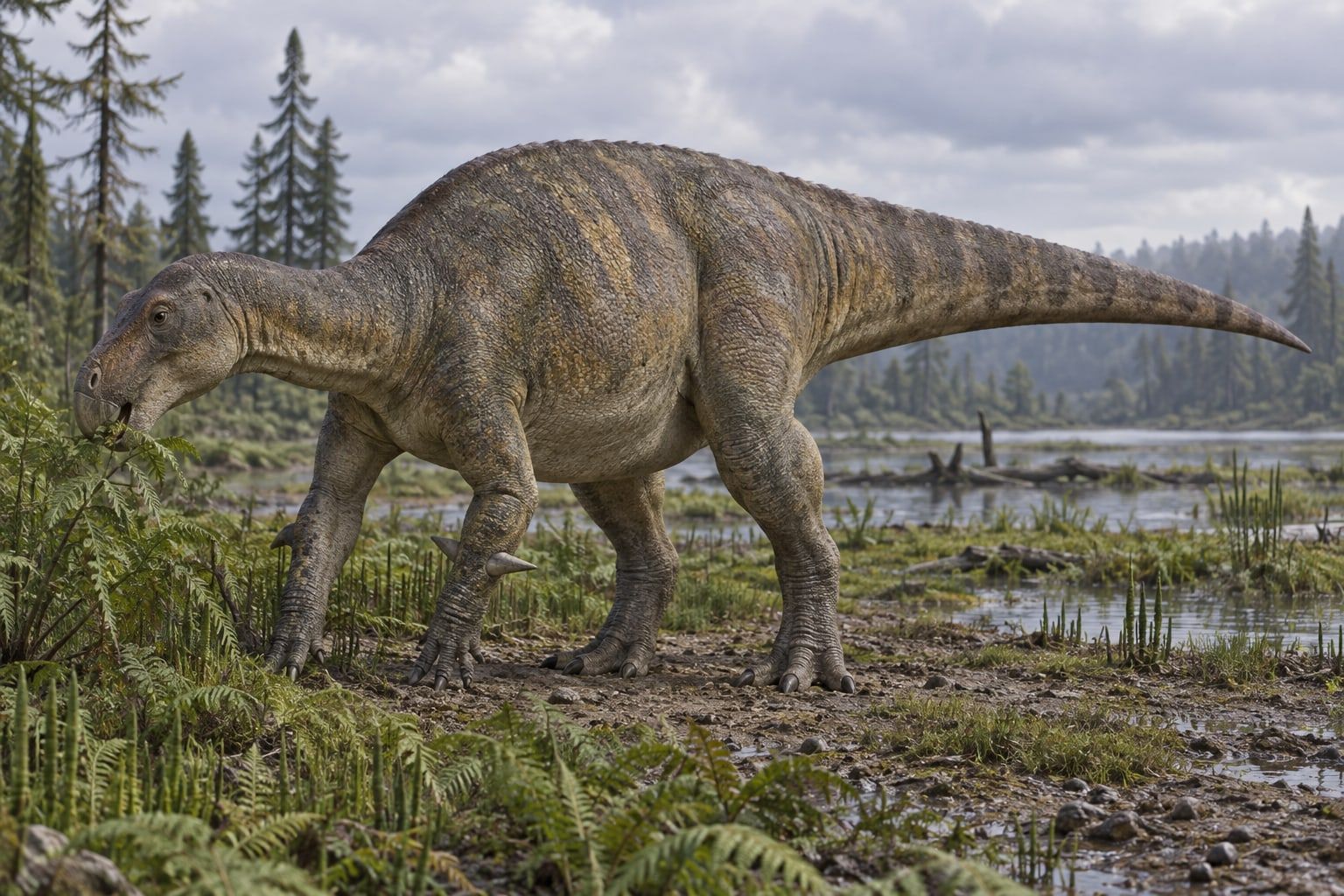 A life reconstruction of Iguanodon in its habitat