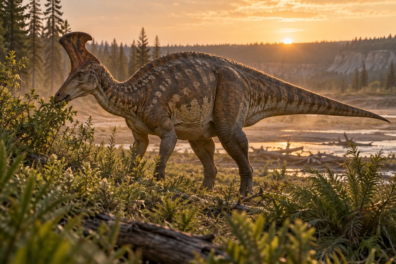 A life reconstruction of Lambeosaurus in its habitat