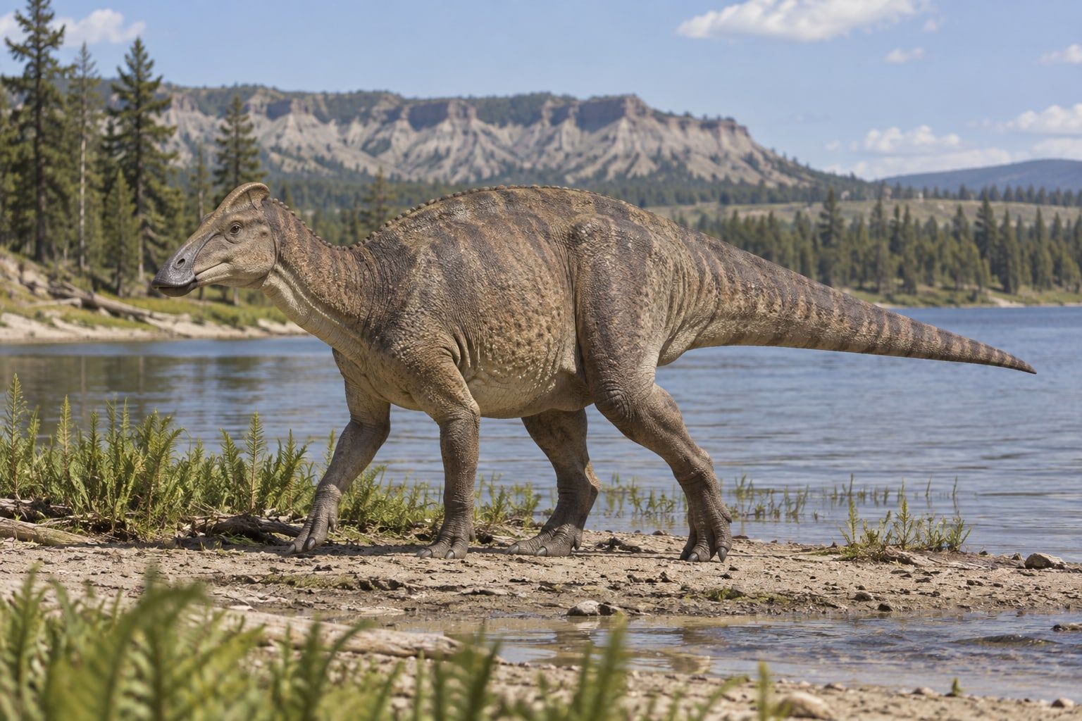 A life reconstruction of Maiasaura in its habitat