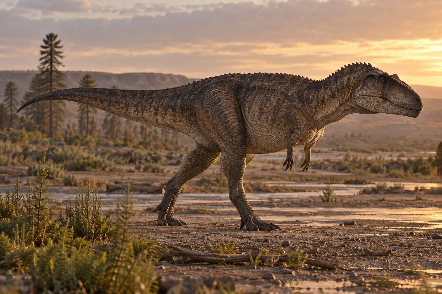 A life reconstruction of Mapusaurus in its habitat