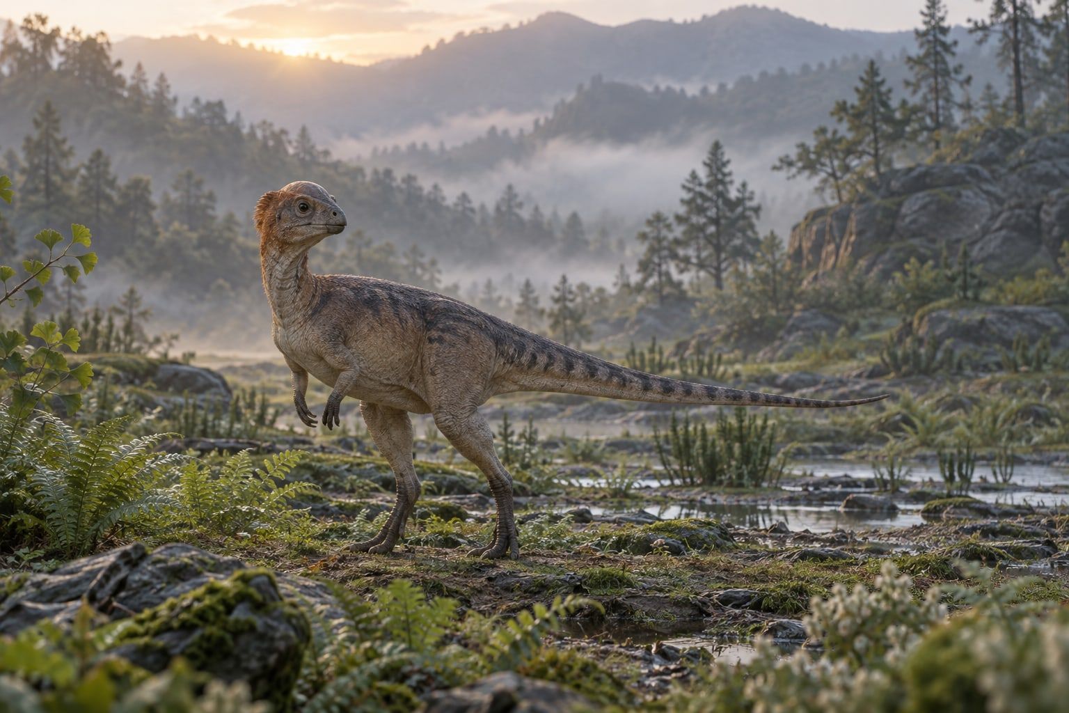 A life reconstruction of Micropachycephalosaurus in its habitat