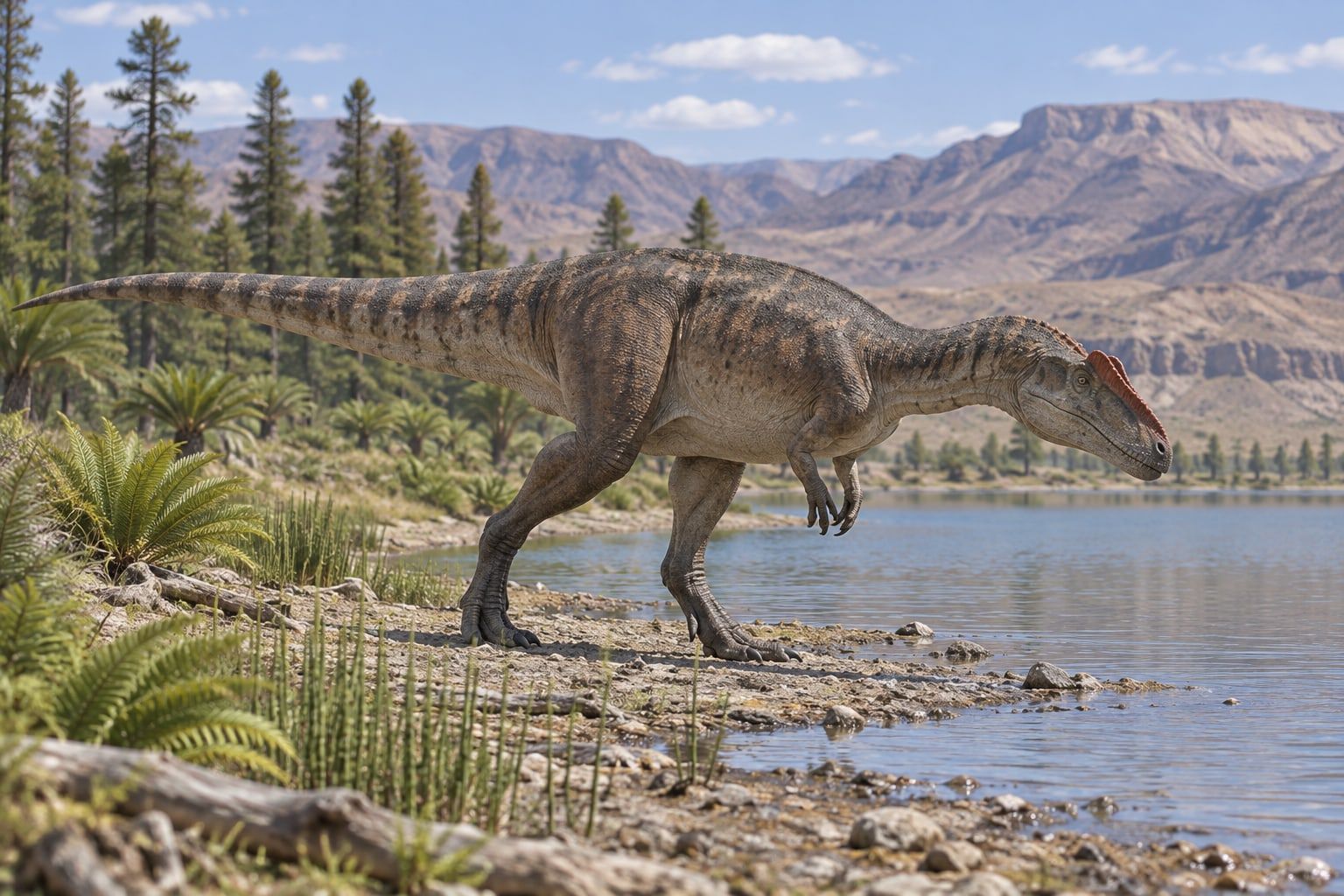A life reconstruction of Monolophosaurus in its habitat
