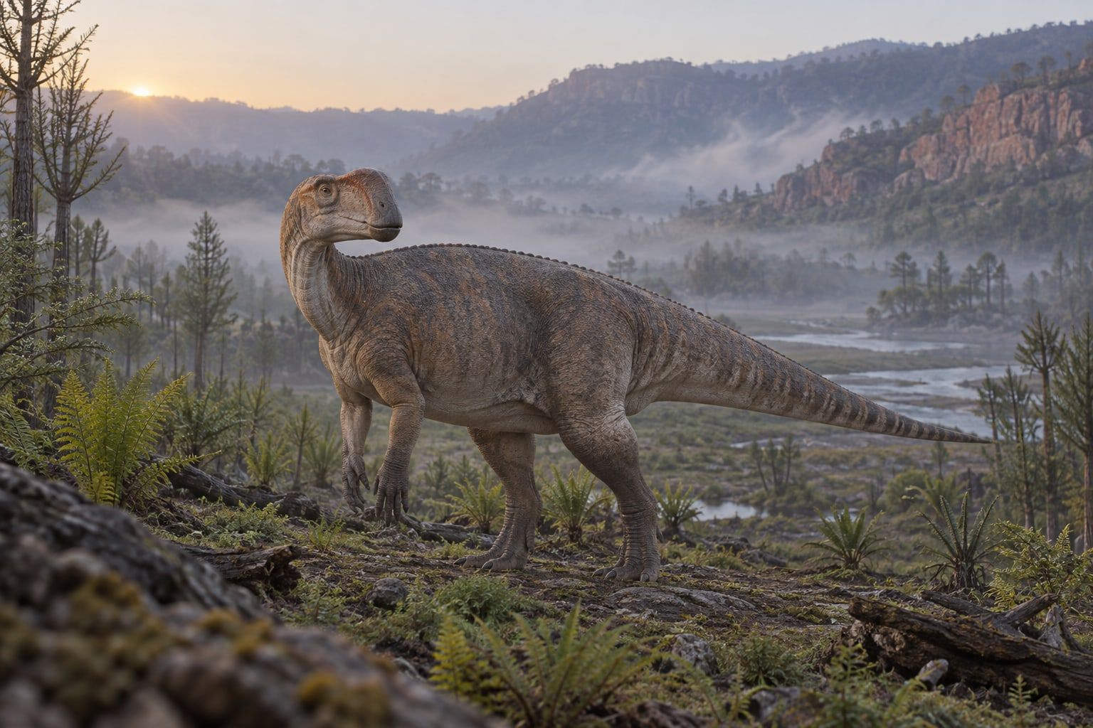 A life reconstruction of Muttaburrasaurus in its habitat