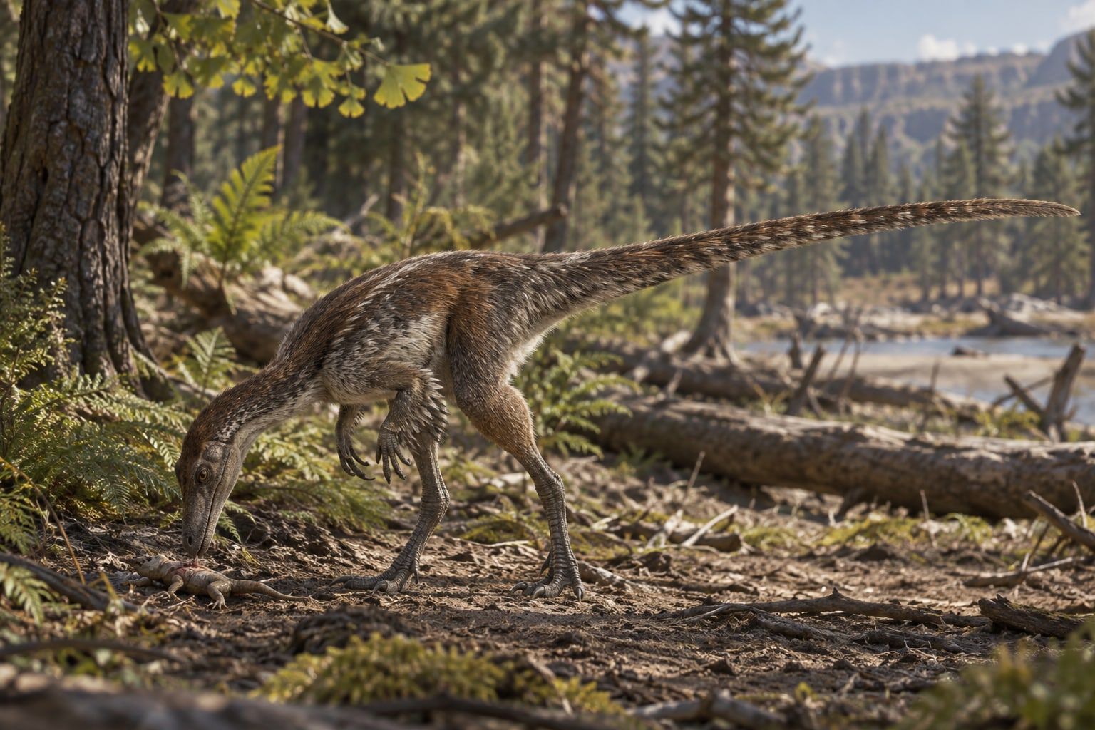 A life reconstruction of Ornitholestes in its habitat