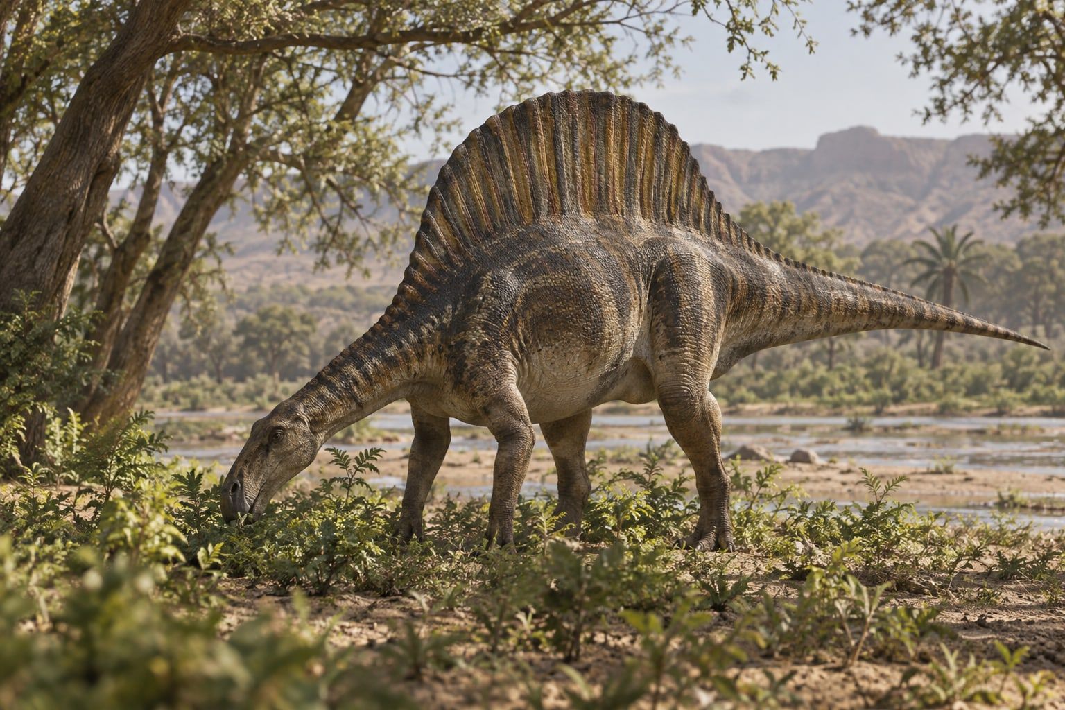 A life reconstruction of Ouranosaurus in its habitat