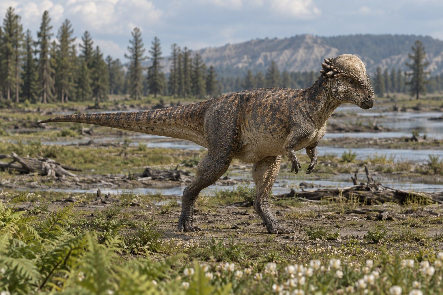 A life reconstruction of Pachycephalosaurus in its habitat