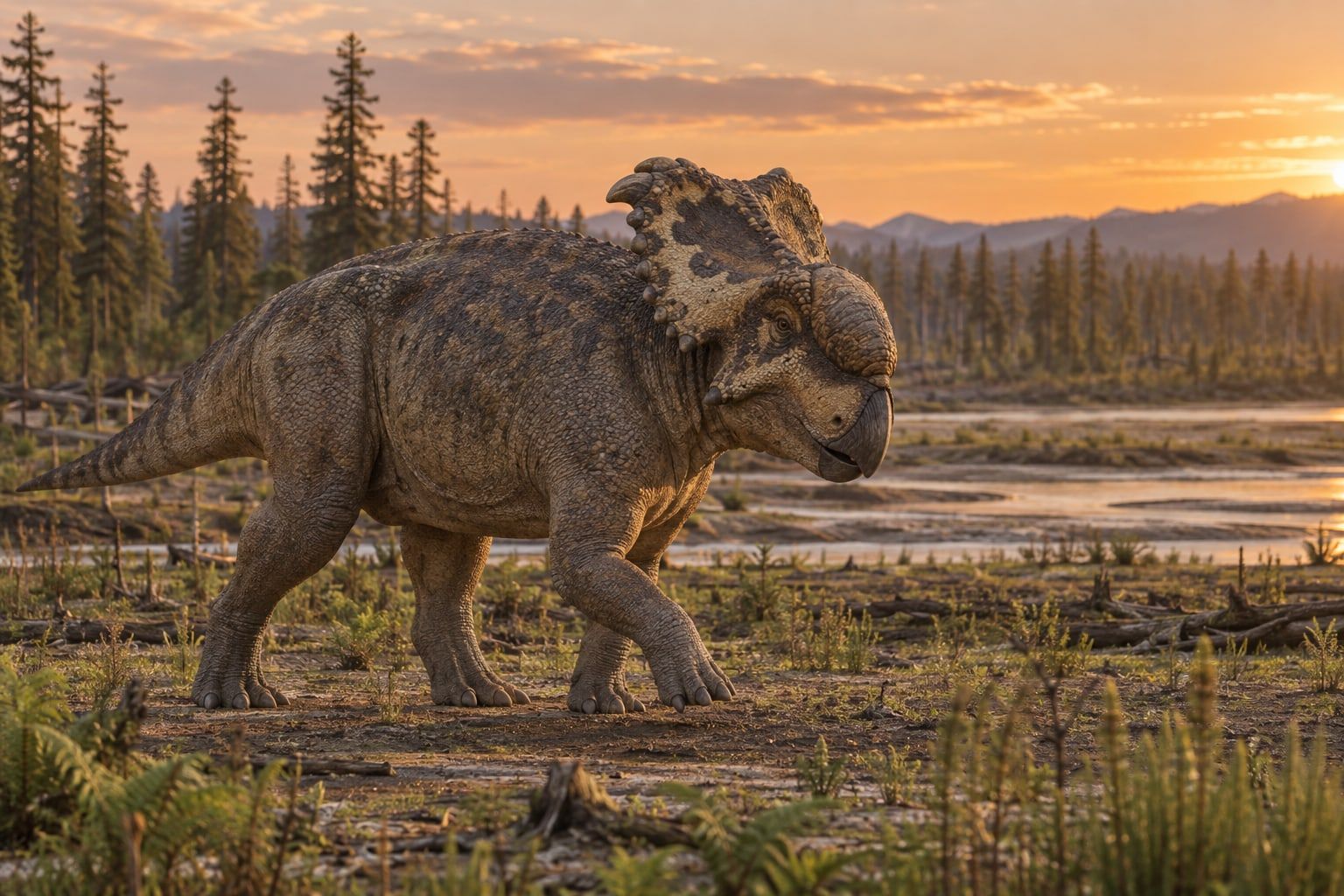 A life reconstruction of Pachyrhinosaurus in its habitat