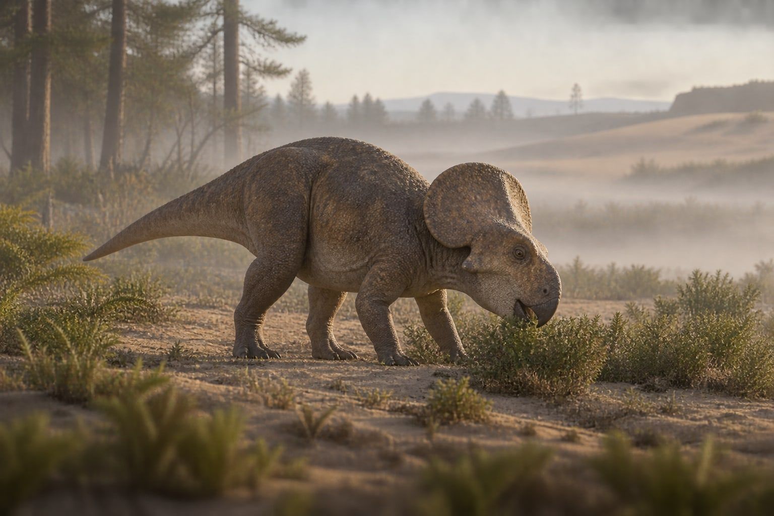 A life reconstruction of Protoceratops in its habitat