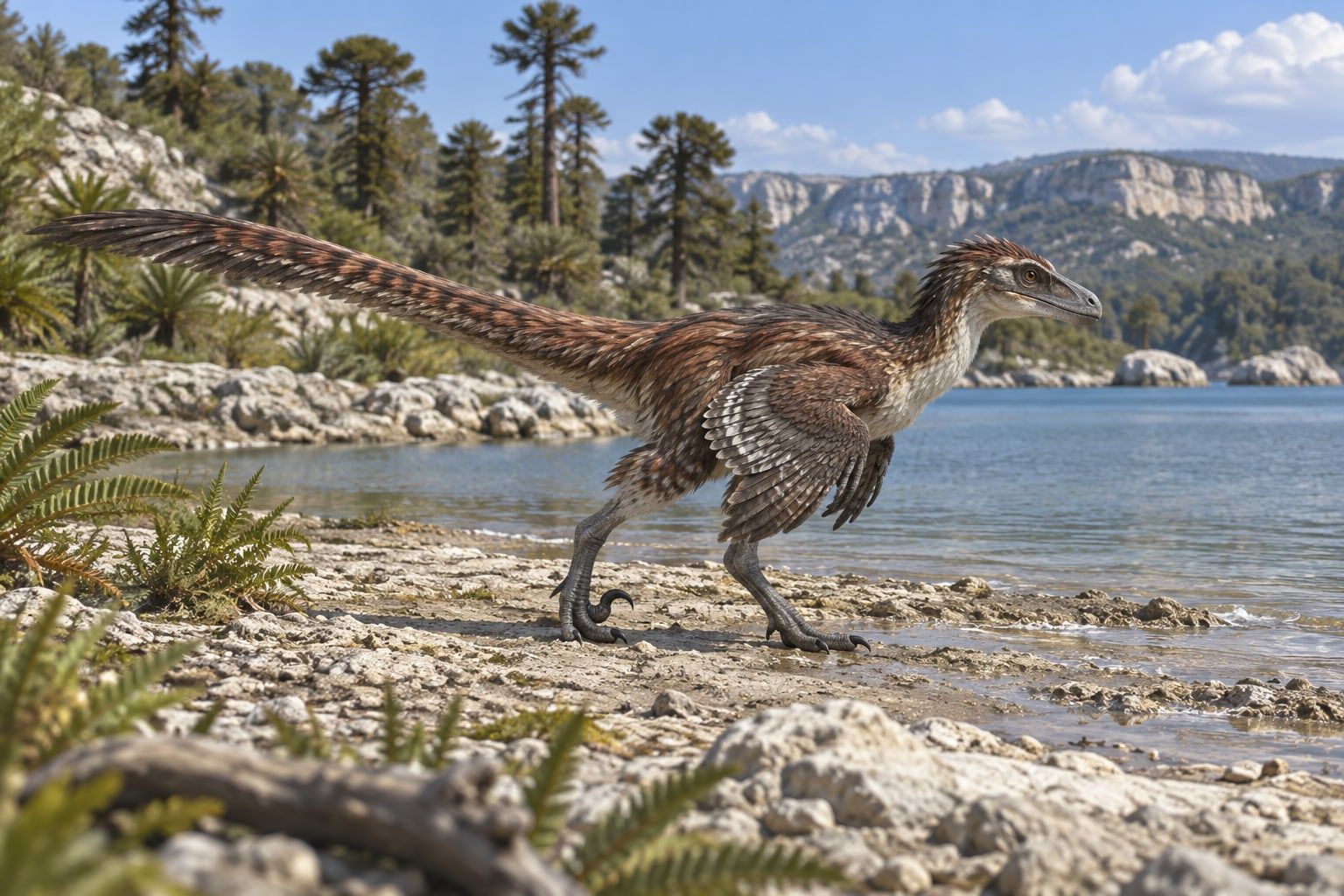 A life reconstruction of Pyroraptor in its habitat
