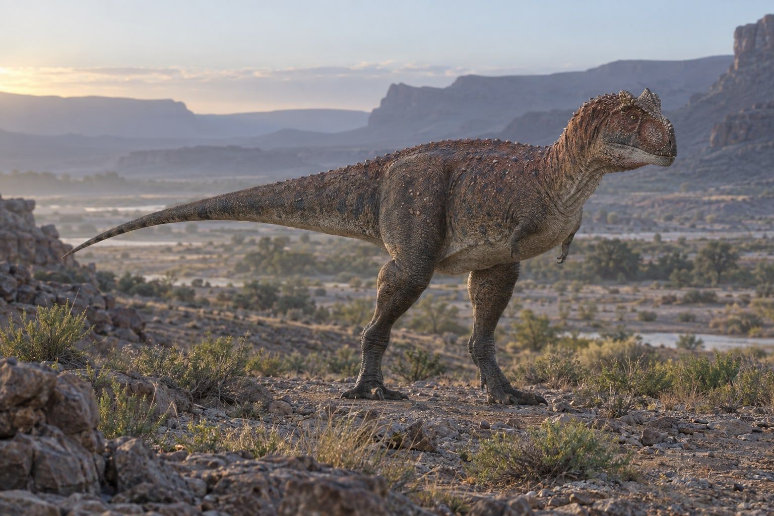 A life reconstruction of Rugops in its habitat