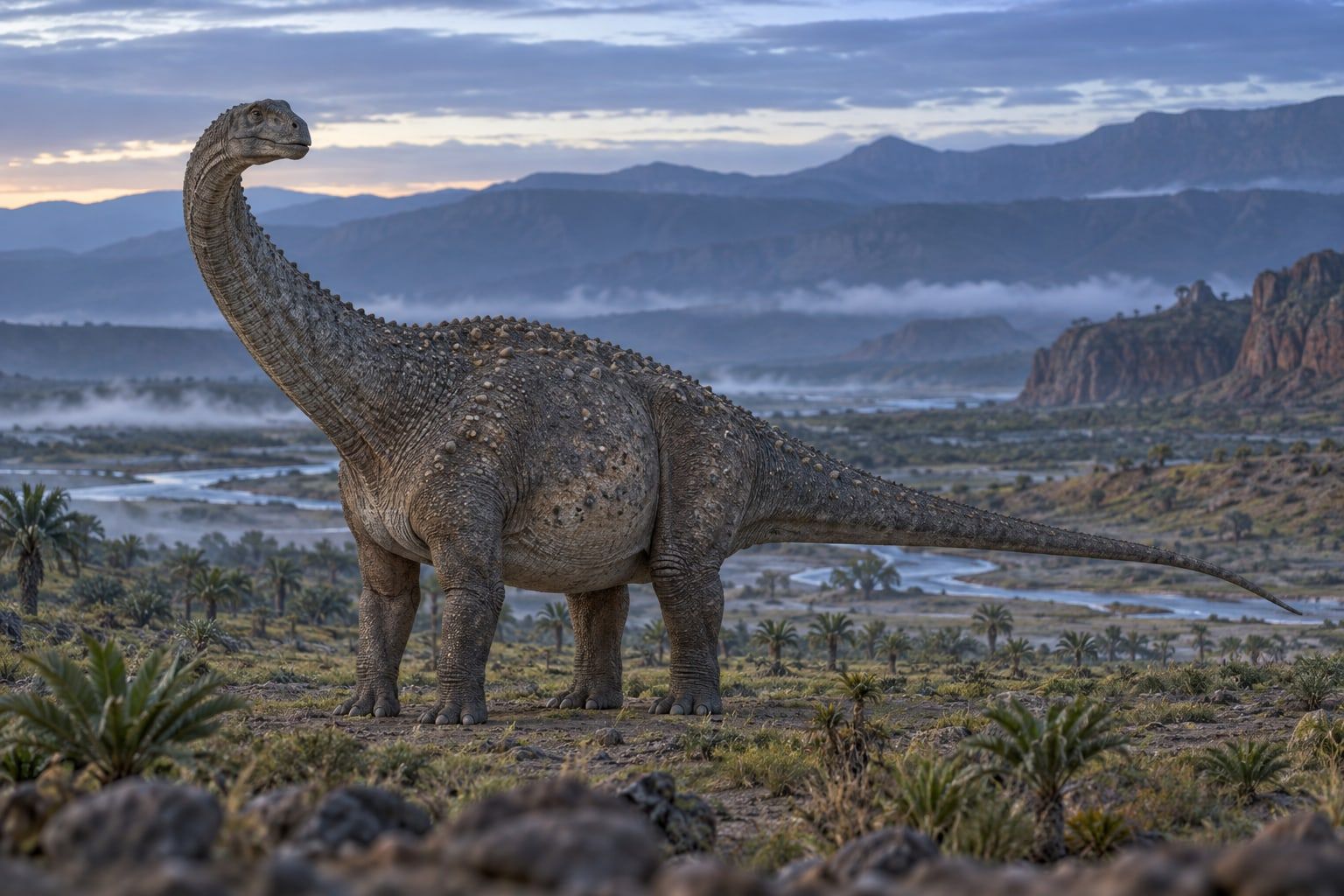 A life reconstruction of Saltasaurus in its habitat
