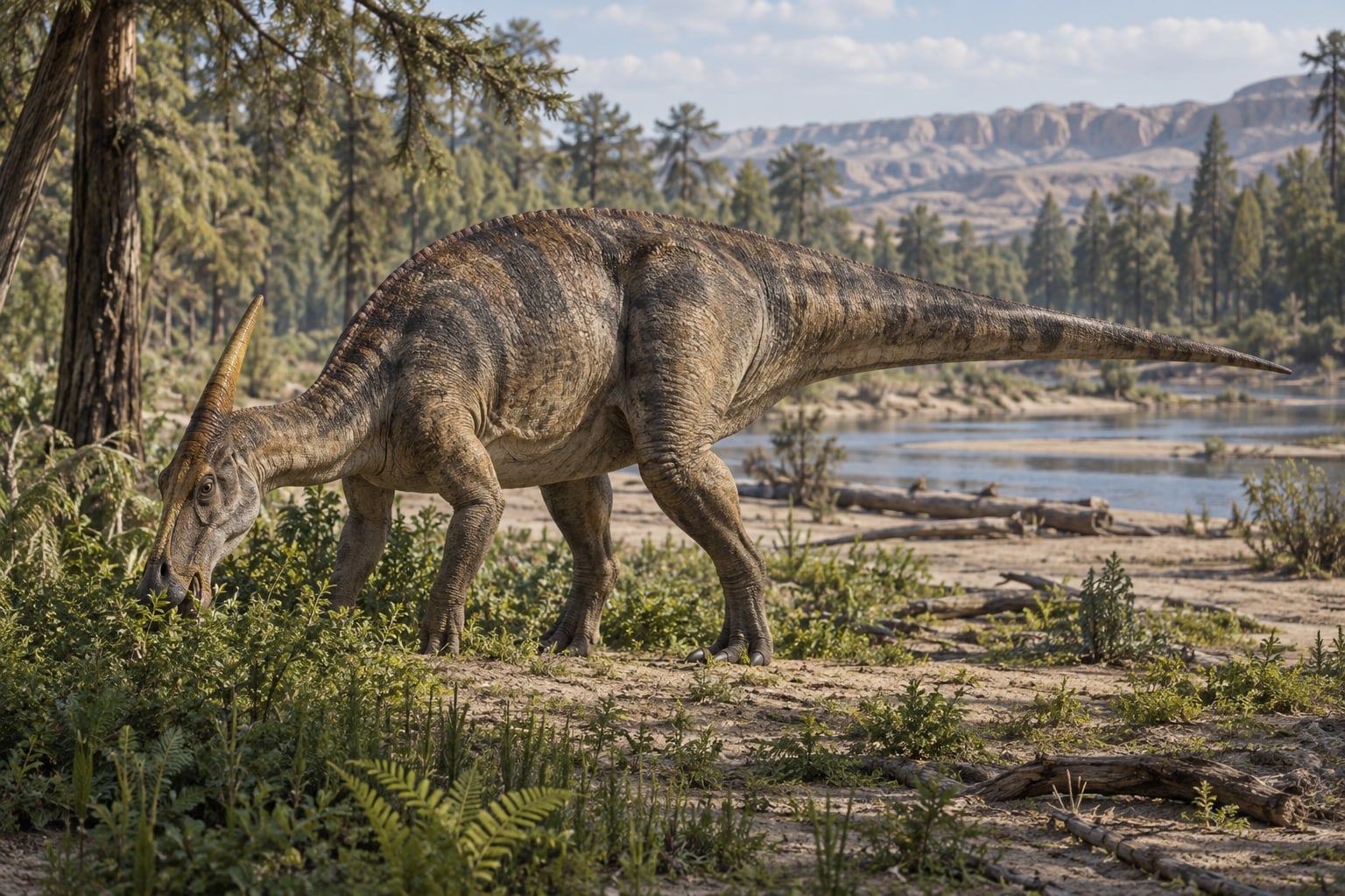 A life reconstruction of Saurolophus in its habitat