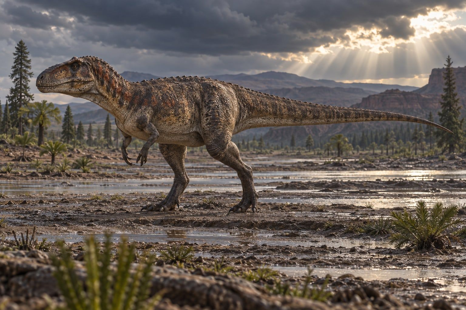 A life reconstruction of Sinraptor in its habitat