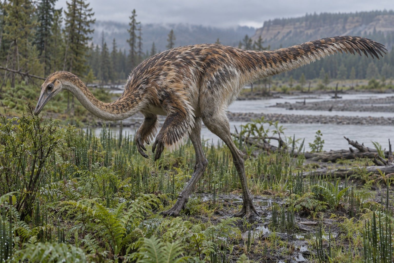 A life reconstruction of Struthiomimus in its habitat