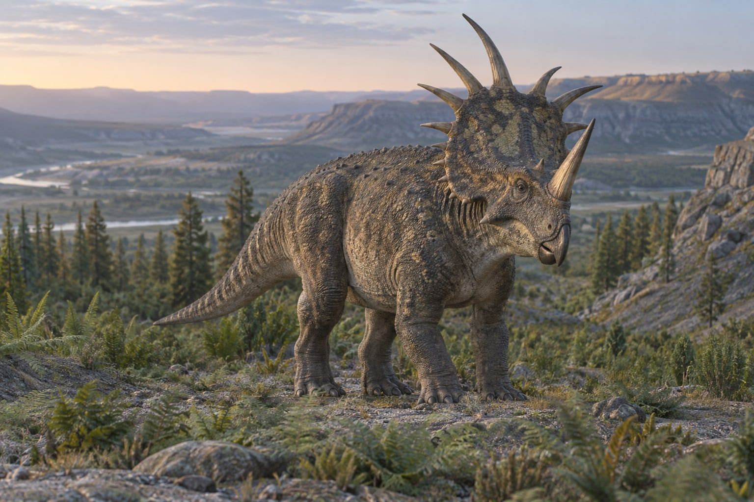 A life reconstruction of Styracosaurus in its habitat