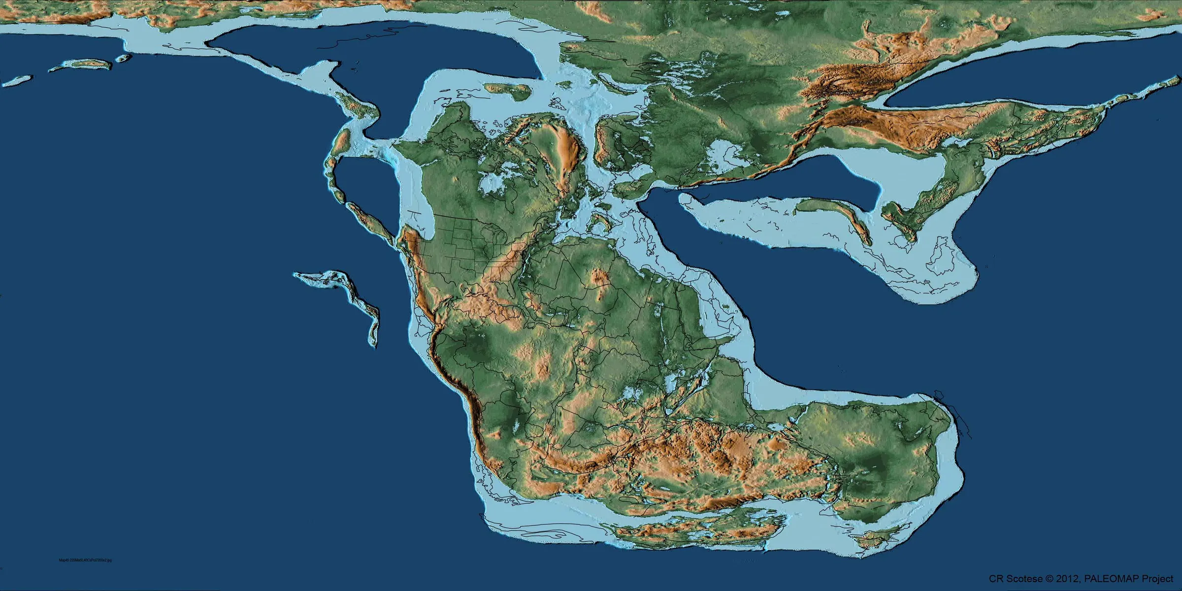 Map of the Earth 220 million years ago, during the Triassic.
